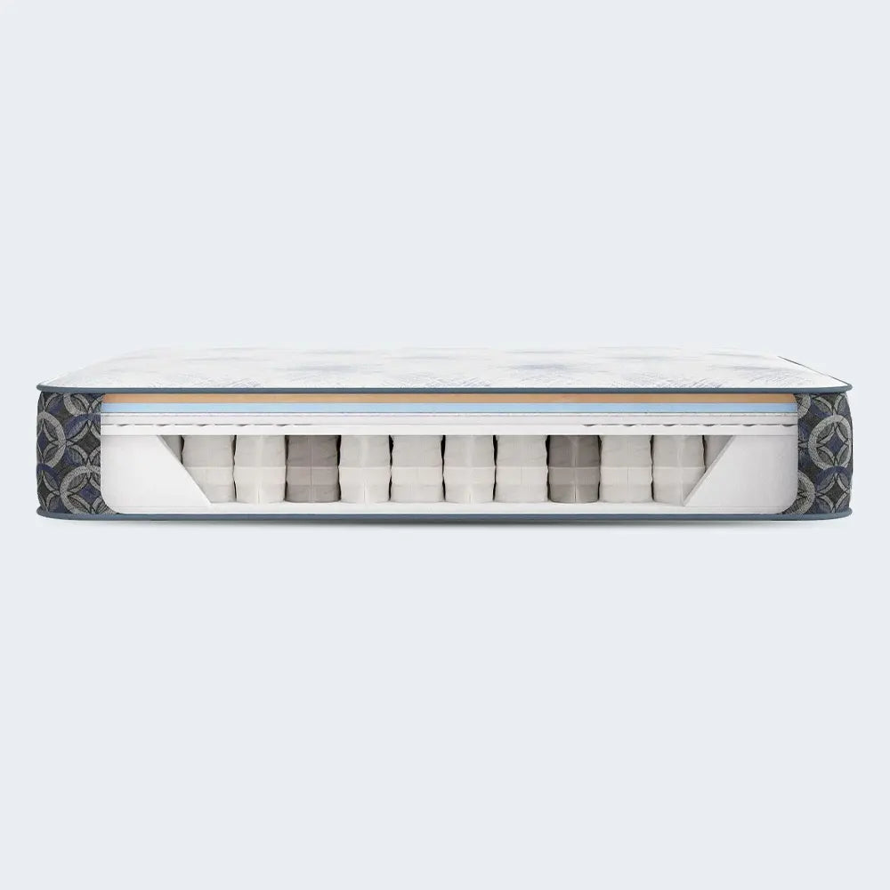Side cutaway of Serta Cascade Bluff Hybrid mattress showing pocketed coil support and comfort foam layers.
