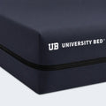 Close-up of University Bed 8-inch mattress protector featuring a heavy-duty zipper and waterproof navy fabric.
