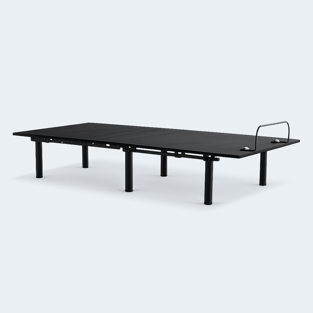 Malouf Weekender 50 Series motorized bed frame in a neutral flat position showing the low-profile deck and steel legs.
