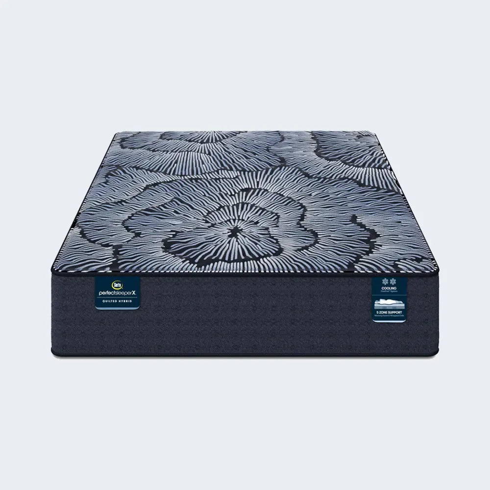Perspective view of the Serta Excelled Extra Firm 13.75 Inch Hybrid Mattress with decorative floral top.
