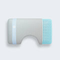 Shoulder cutout ice gel cooling pillow featuring a grey padded cover for ergonomic neck alignment.
