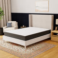 High-angle shot of the Rose 10-inch mattress by South Bay showcasing the quilted white sleep surface and dark grey side fabric.
