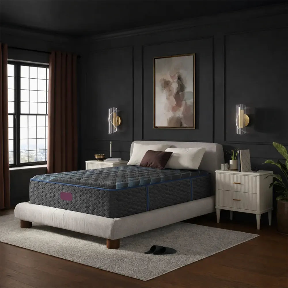 Beautyrest World Class Level Four 15.25 Inch Plush Mattress on a platform bed in a modern room.
