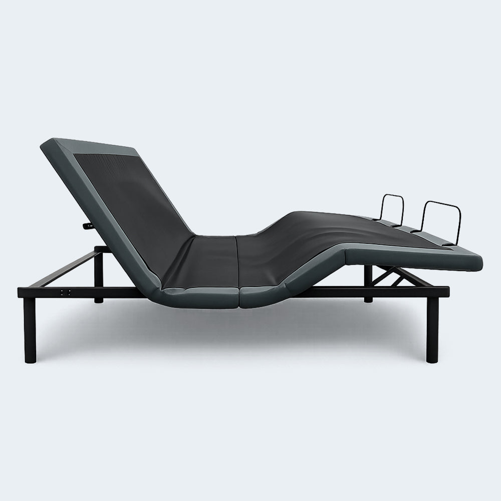 Side view of Customatic Dreamsense Synergy adjustable bed base in the Zero Gravity ergonomic position.

