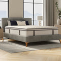 Angled perspective view of the 14-inch thick Sofinity Hybrid Plus mattress showcasing its deep profile and premium textured grey side panels.
