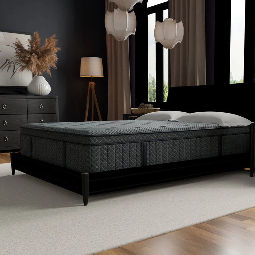 Perspective view of the 14 inch Allureluxe Classic Bamboo Hybrid mattress showcasing the plush quilted top and charcoal side panels.
