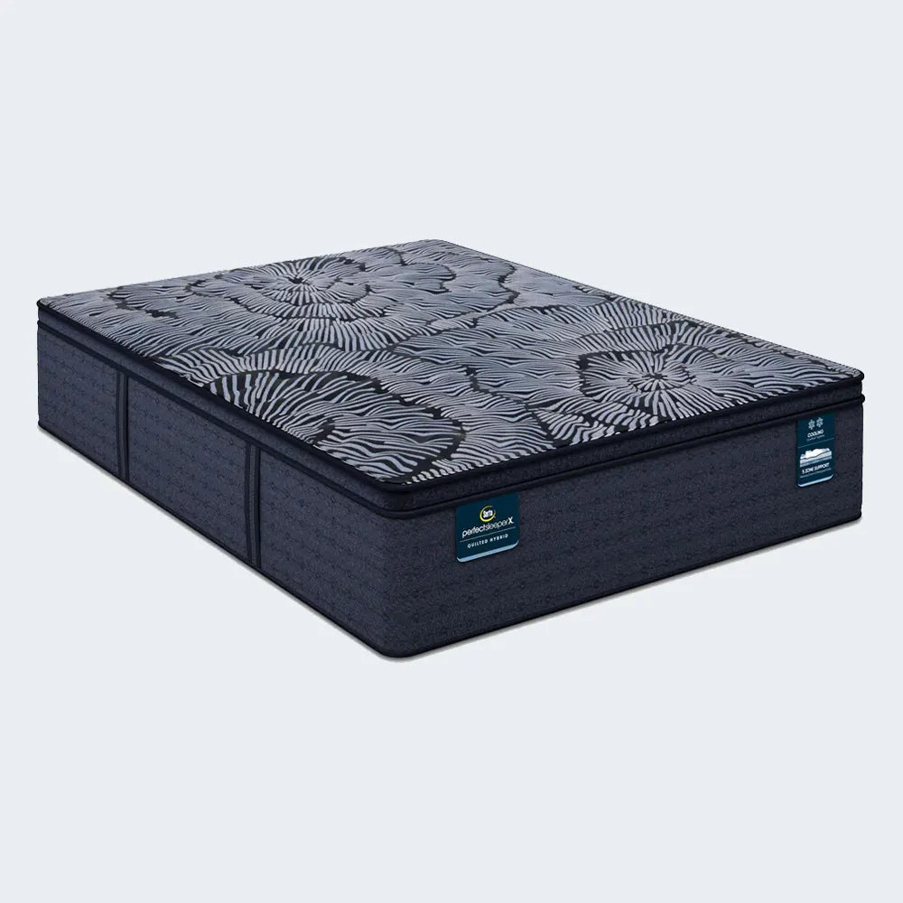 Perspective view of the Serta Lexton Medium Pillow Top hybrid mattress featuring a unique quilted patterned cover.

