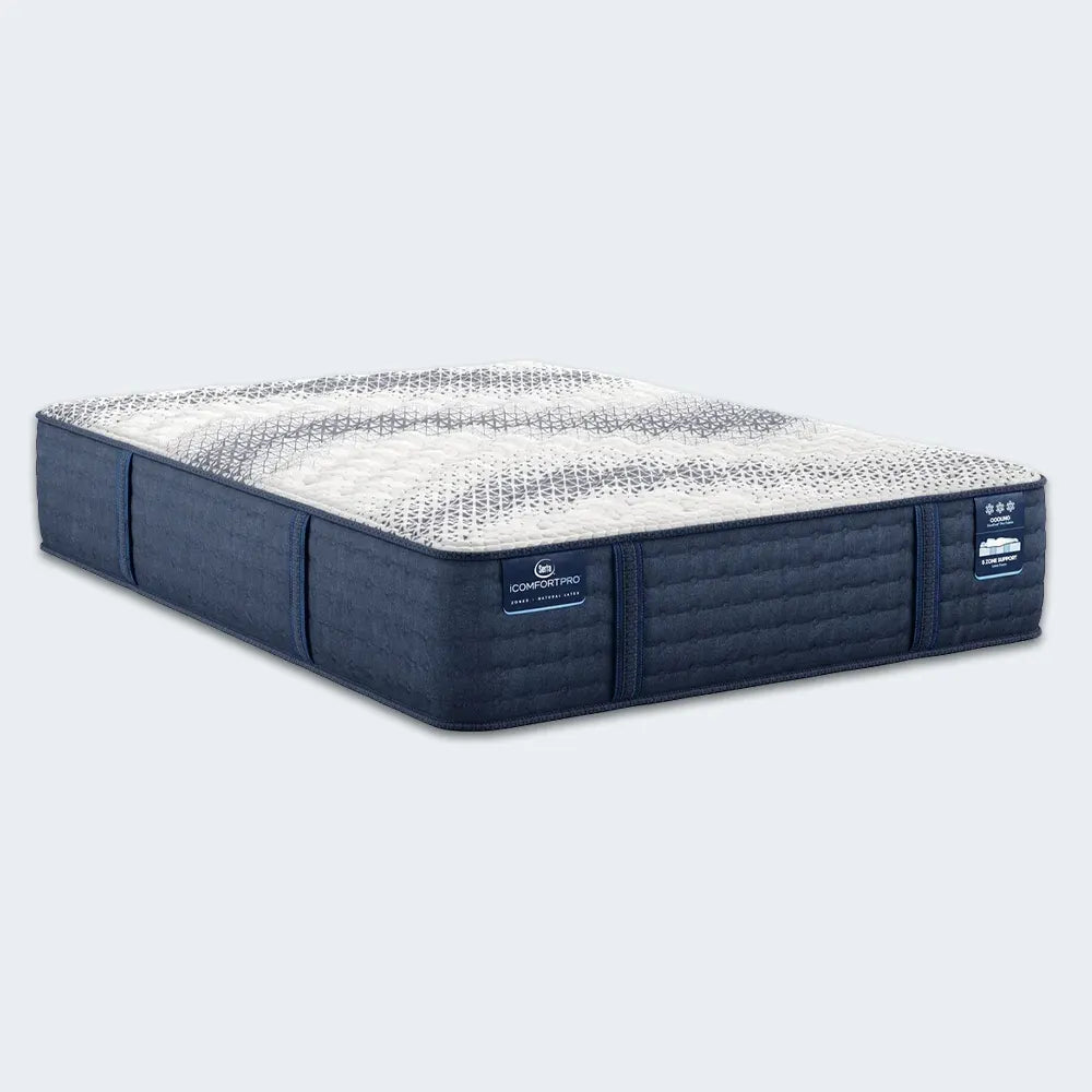 Serta iComfortPRO Quilted Canterbury 15" plush mattress with a cooling cover and navy blue border.
