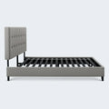 Side profile of the Hudson tufted upholstered bed frame showing the elegant button-tufted headboard.
