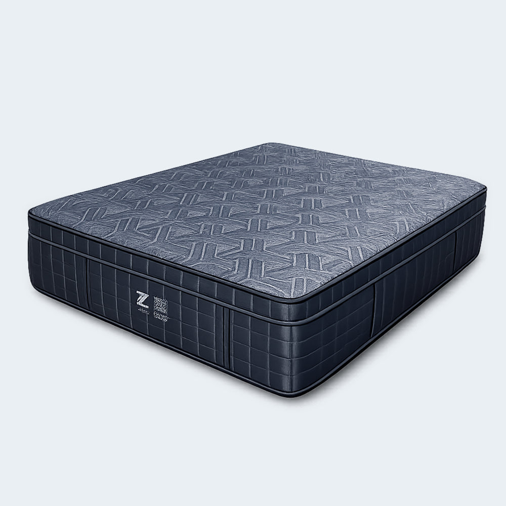 Front-facing view of the high-profile Americanstar Phantom Ultra 16-inch plush mattress featuring a premium charcoal quilted top and navy blue border.
