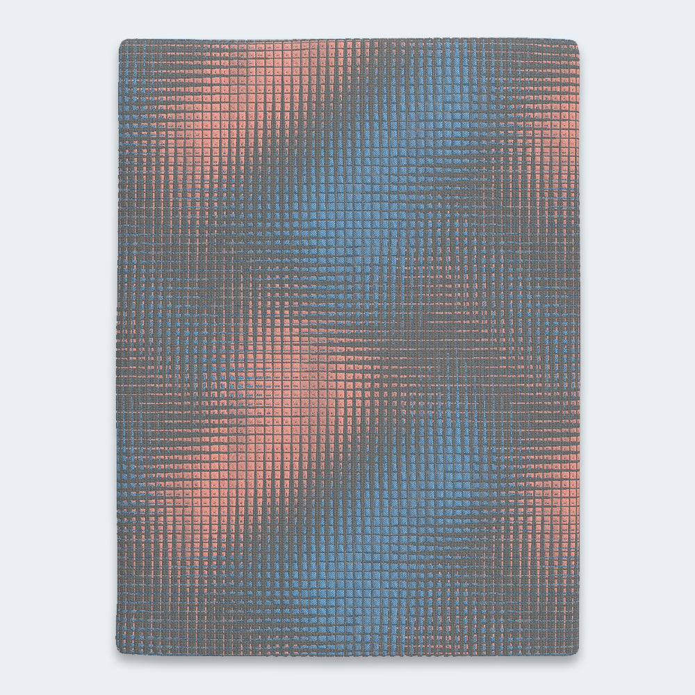 Direct top-down view of the Hot Buy 13 Inch Firm Hybrid Mattress surface featuring a unique geometric blue and peach textured performance cover.