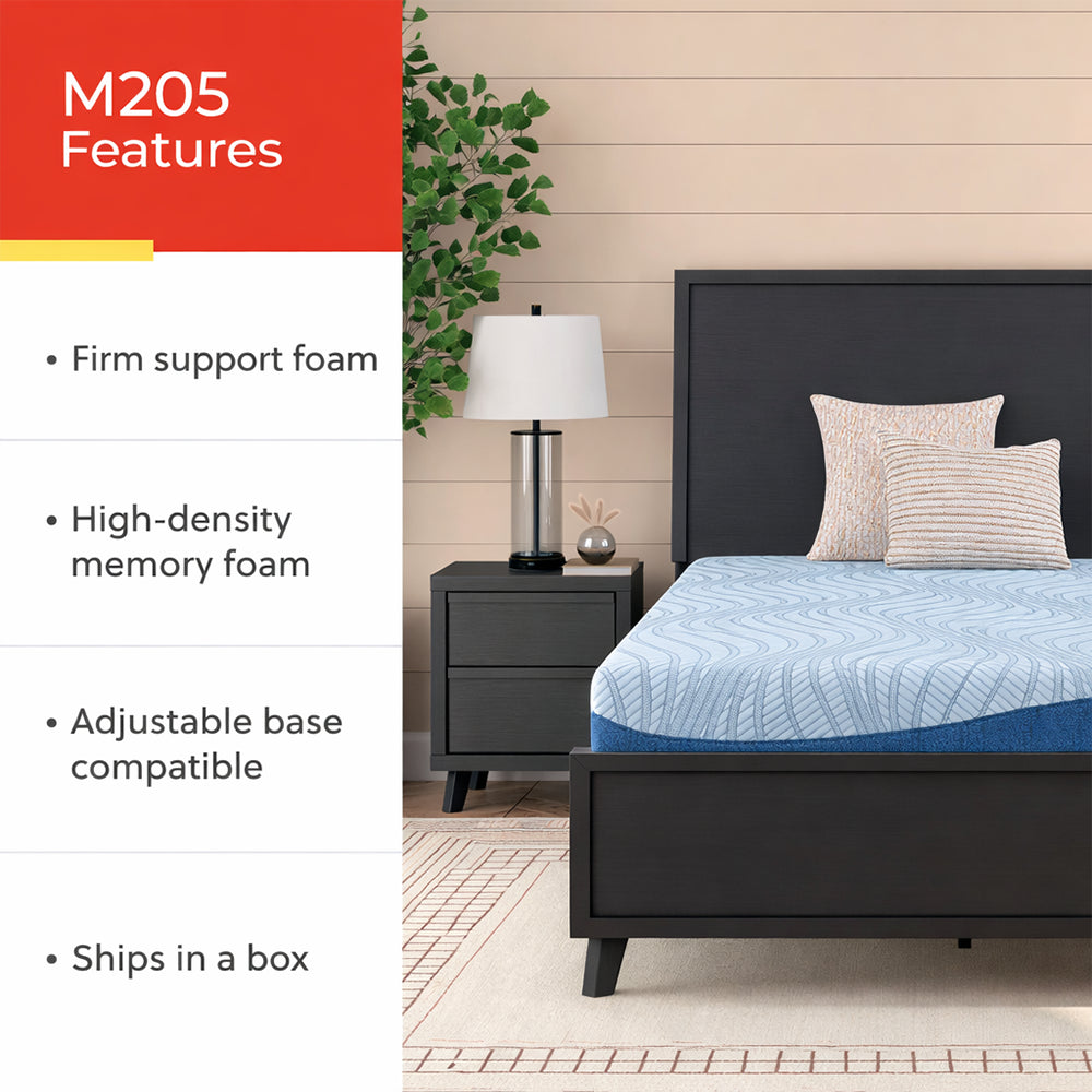 Feature summary for the Ashley M205 Peak 2.0 Mattress including high-density memory foam, firm support foam, and convenient bed-in-a-box shipping.
