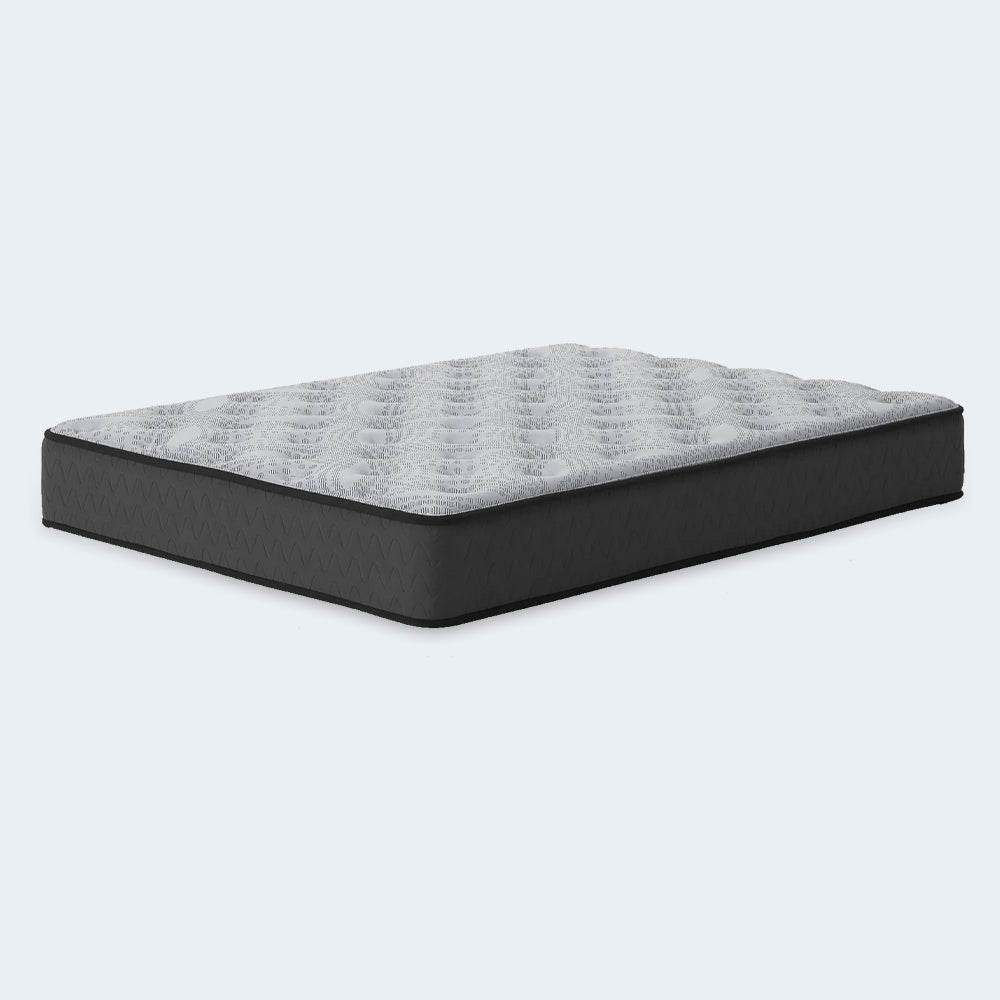 Perspective view of the Comfort Plus 10-inch mattress by American Bedding showing the premium stretch knit cover and supportive 10” profile.
