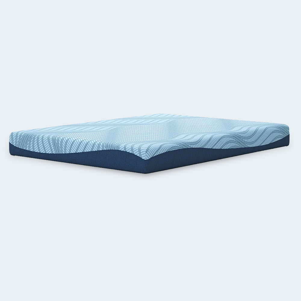 Flat profile view of the Ashley Furniture Peak 2.0 8-inch memory foam mattress illustrating its supportive foam core and slim profile.
