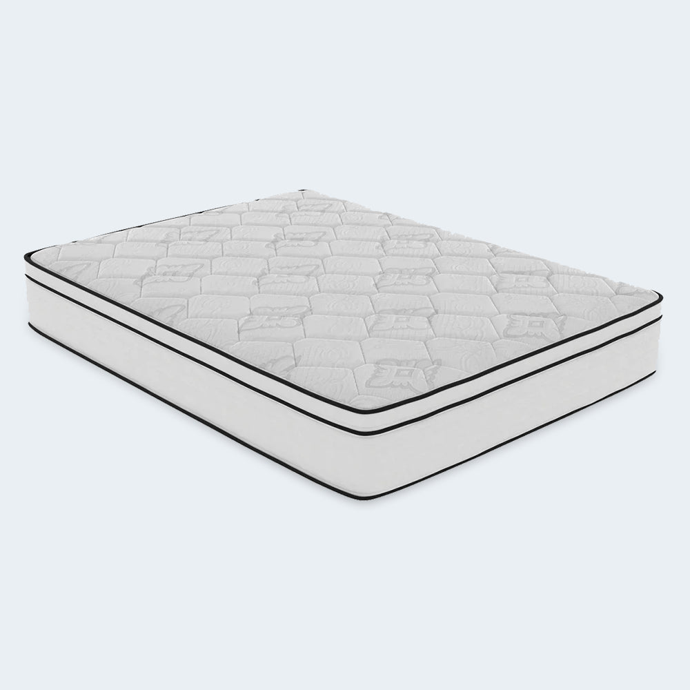 Isolated studio shot of the American Bedding Cymbal Jingle 10-inch Hybrid Euro Top Firm Mattress showing the full quilted surface and support profile.
