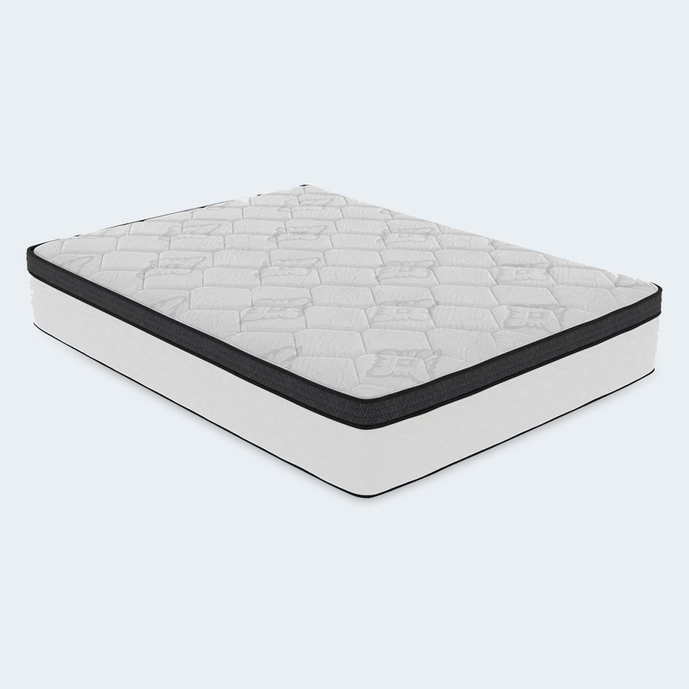 Full side profile of the American Bedding Cymbal Jingle 12-inch mattress illustrating its multi-layer hybrid construction and luxury 12” height.
