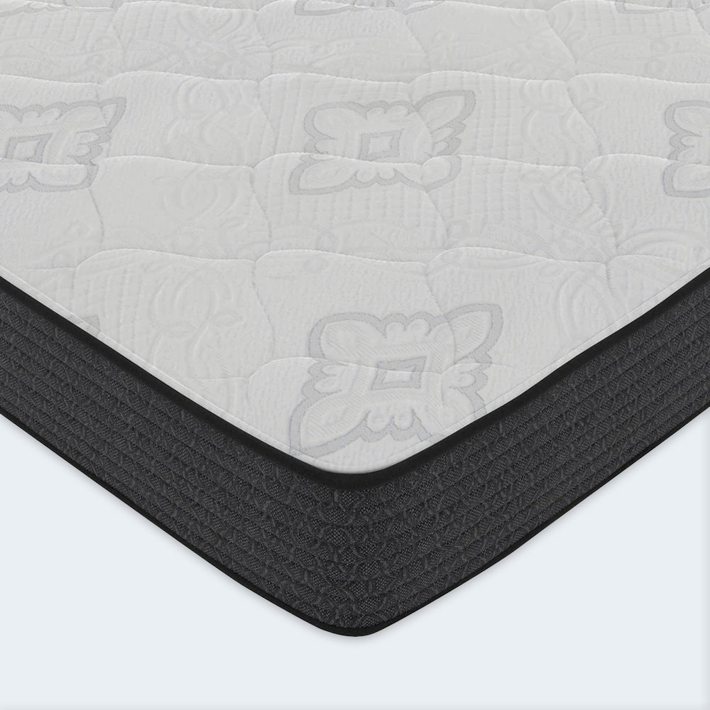 Detailed view of the floral quilted pattern on the white breathable cover of the American Bedding Classic 8 Inch Medium Firm Mattress.
