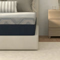 Profile view of the American Bedding Isotonic Percy Plush Hybrid Mattress showing the thick comfort layers and durable navy blue fabric upholstery.
