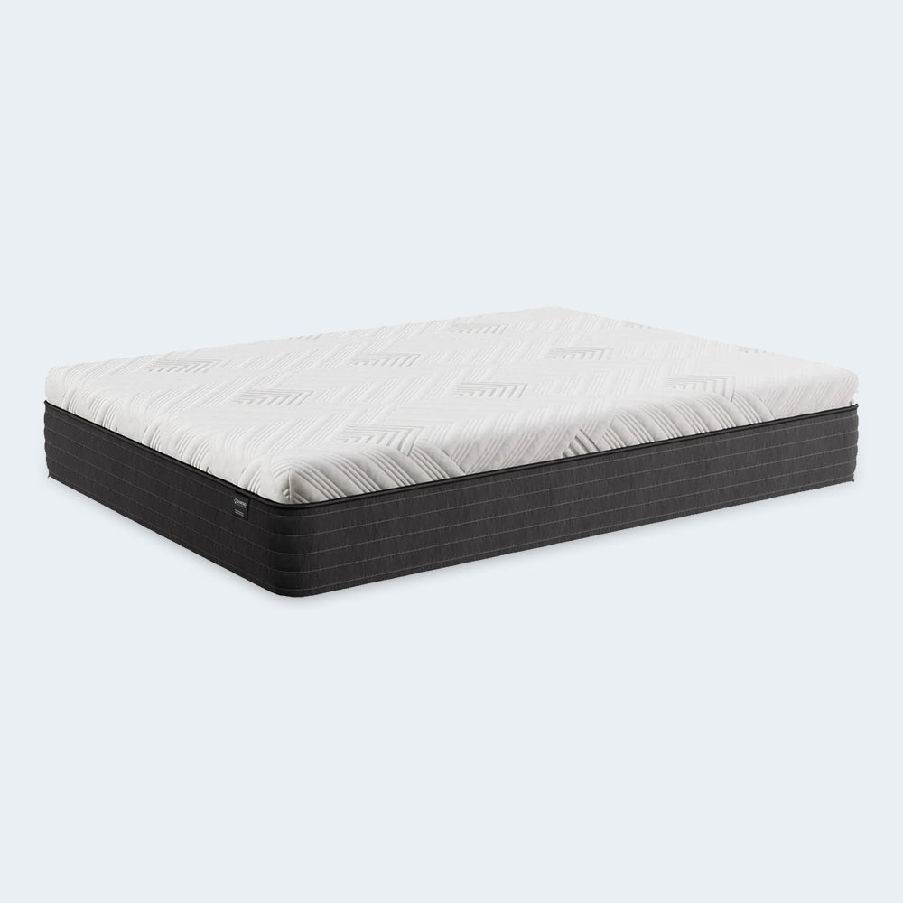 Perspective view of the Dreamstage 2.0 Gilded All Foam Mattress by Diamond Mattress, an eco-friendly 12-inch luxury foam mattress for all sleep positions.
