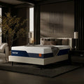 Angled perspective of the Nectar Ultra 15-inch mattress on a minimalist upholstered bed frame in a high-end designer master bedroom.
