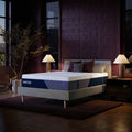 Angled perspective of the Nectar Luxe Hybrid 14-inch mattress on a modern bed frame in a designer bedroom with ambient lighting and natural greenery.
