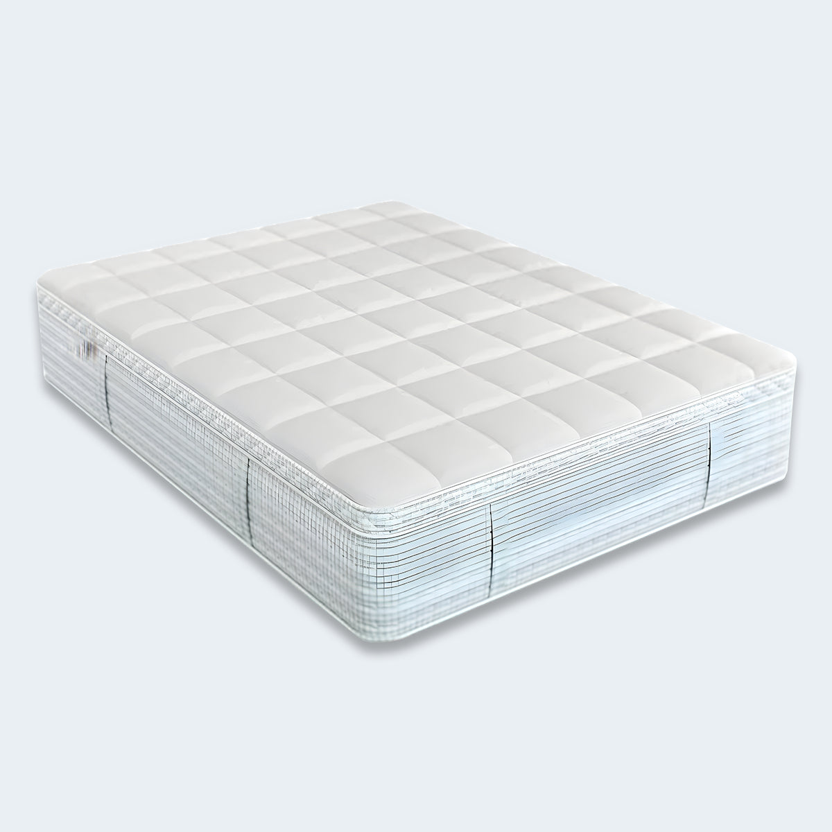 Side view of the Legend Luxury Mattress showcasing the white tufted top and grey textured panels.