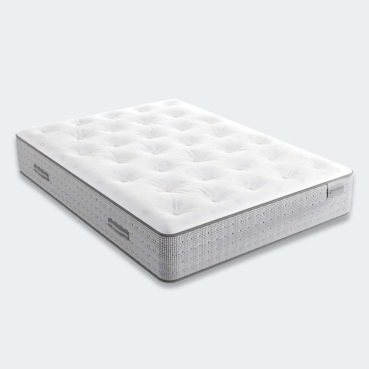 Versailles Tufted Mattress angled side view showing 14-inch profile and luxury grey fabric panels.