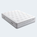 Versailles Tufted Mattress angled side view showing 14-inch profile and luxury grey fabric panels.