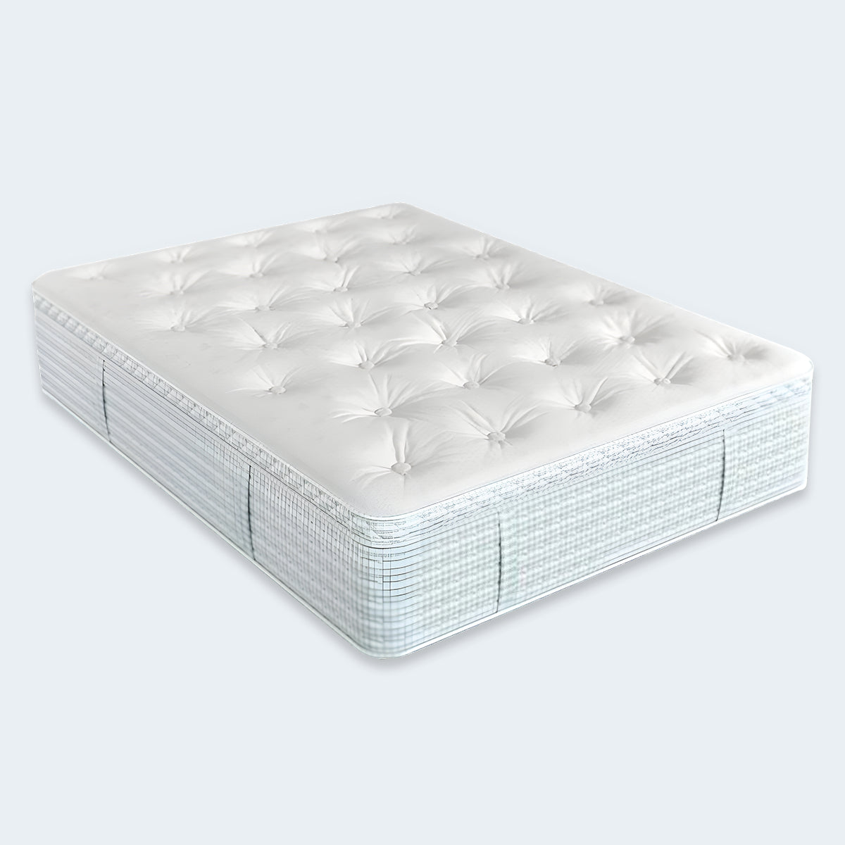 Angled studio view of the Diamond Traditions Luxury 15-inch Mattress featuring a white tufted top and grey side panels.
