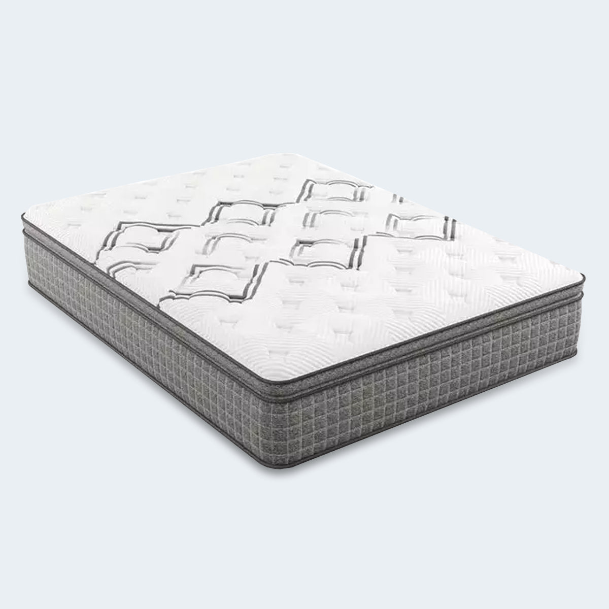 Studio shot of the Drift Euro Top Mattress showing the quilted white surface and textured charcoal fabric.