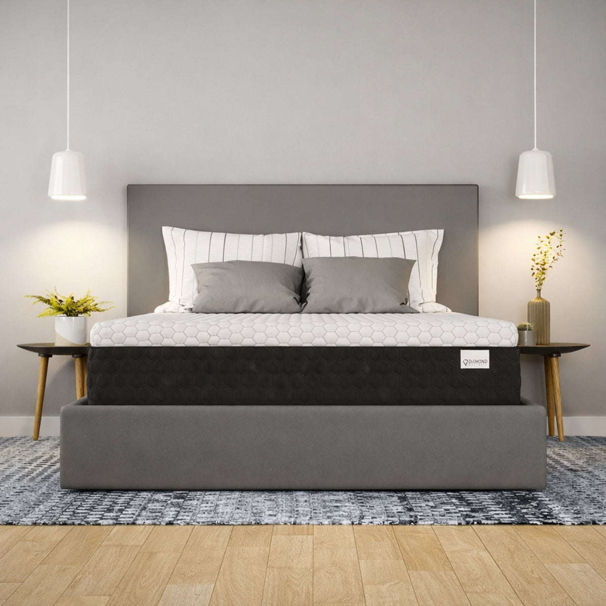 Response Copper cool hybrid mattress in a contemporary bedroom setting on a grey upholstered frame.
