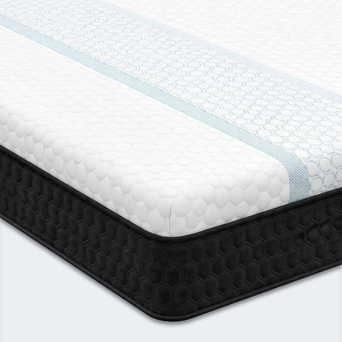 Close-up corner of the Restore Copper 10" Foam Mattress showing the white quilted cover and black honeycomb fabric.