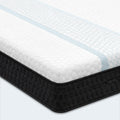 Close-up corner of the Restore Copper 10" Foam Mattress showing the white quilted cover and black honeycomb fabric.