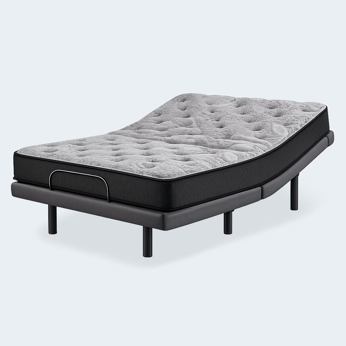 Comfort Plus 10 Inch Medium Mattress on an adjustable base, showing the grey patterned top and black side panels.