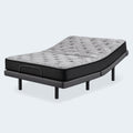 Comfort Plus 10 Inch Medium Mattress on an adjustable base, showing the grey patterned top and black side panels.