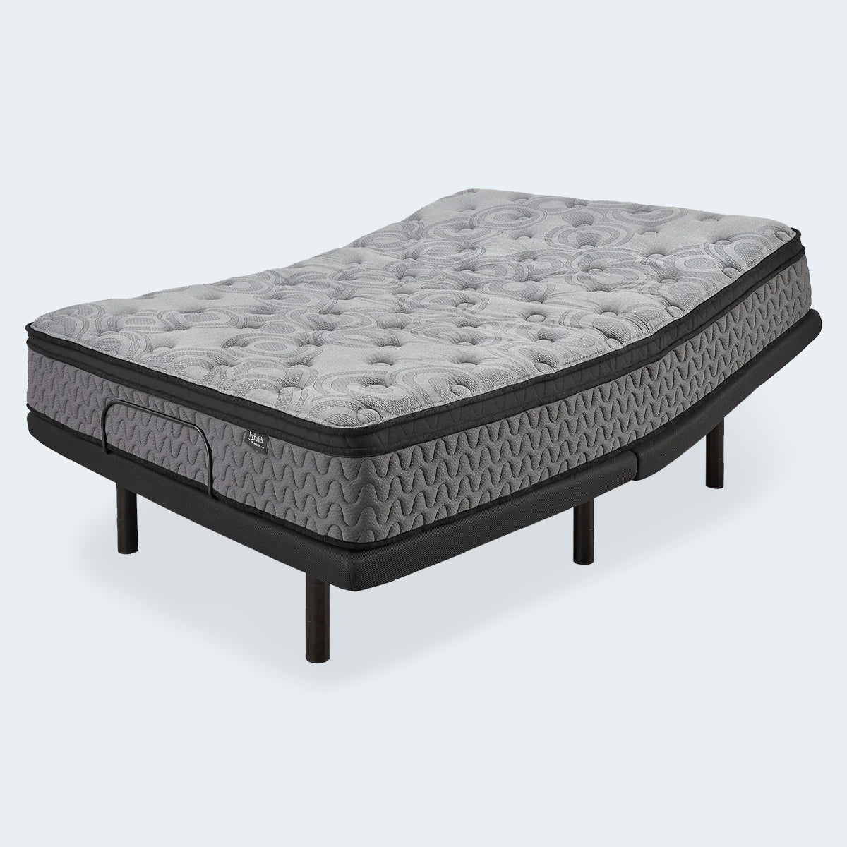 Head elevated view of the Augusta 12 inch Firm Pillow Top Mattress resting on a black metal adjustable base.