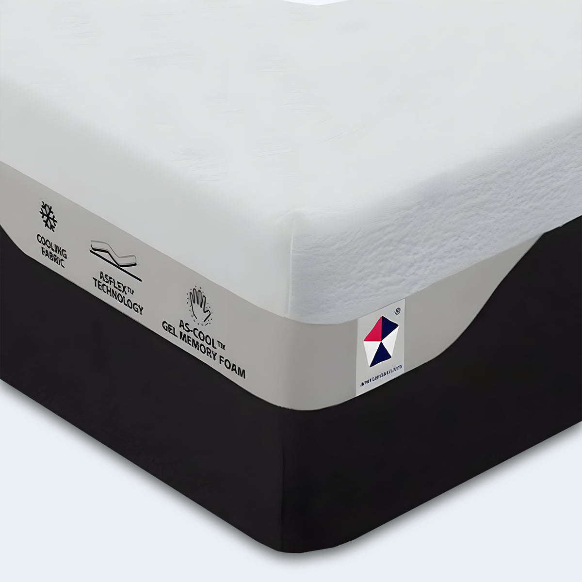 Close-up of the 10” Medium Memory Foam Latex Mattress corner highlighting cooling fabric and gel memory foam labels.