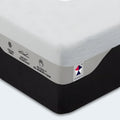 Close-up of the 10” Medium Memory Foam Latex Mattress corner highlighting cooling fabric and gel memory foam labels.