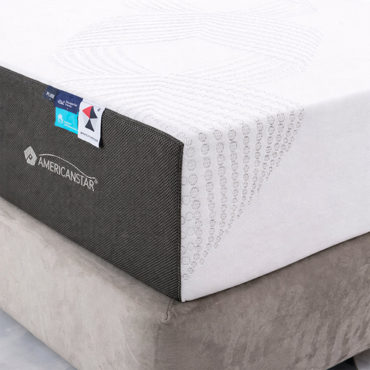 Close-up of the Capella 10” Plush Cool Gel Memory Foam Mattress corner detailing the premium textured cooling fabric.