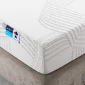 Close-up of the 8” Medium Cool Gel Memory Foam Mattress corner with a soft knitted cover and adjustable bed tag.
