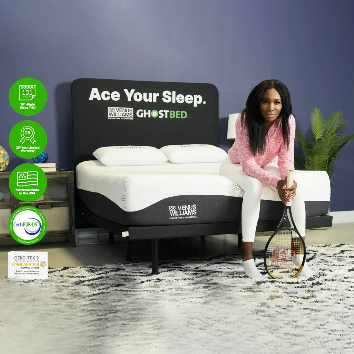 Lifestyle view of Venus Williams sitting on her Legend Hybrid Mattress, emphasizing recovery and athlete-grade comfort.