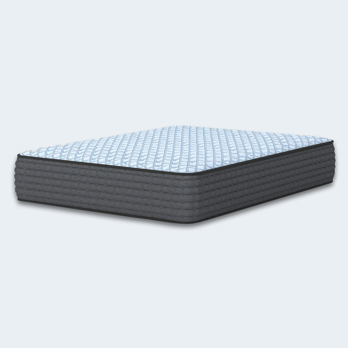 Angled profile view of the Destin Cove 15-inch mattress showcasing the thick Euro top and charcoal grey vertical channel-quilted side panels.
