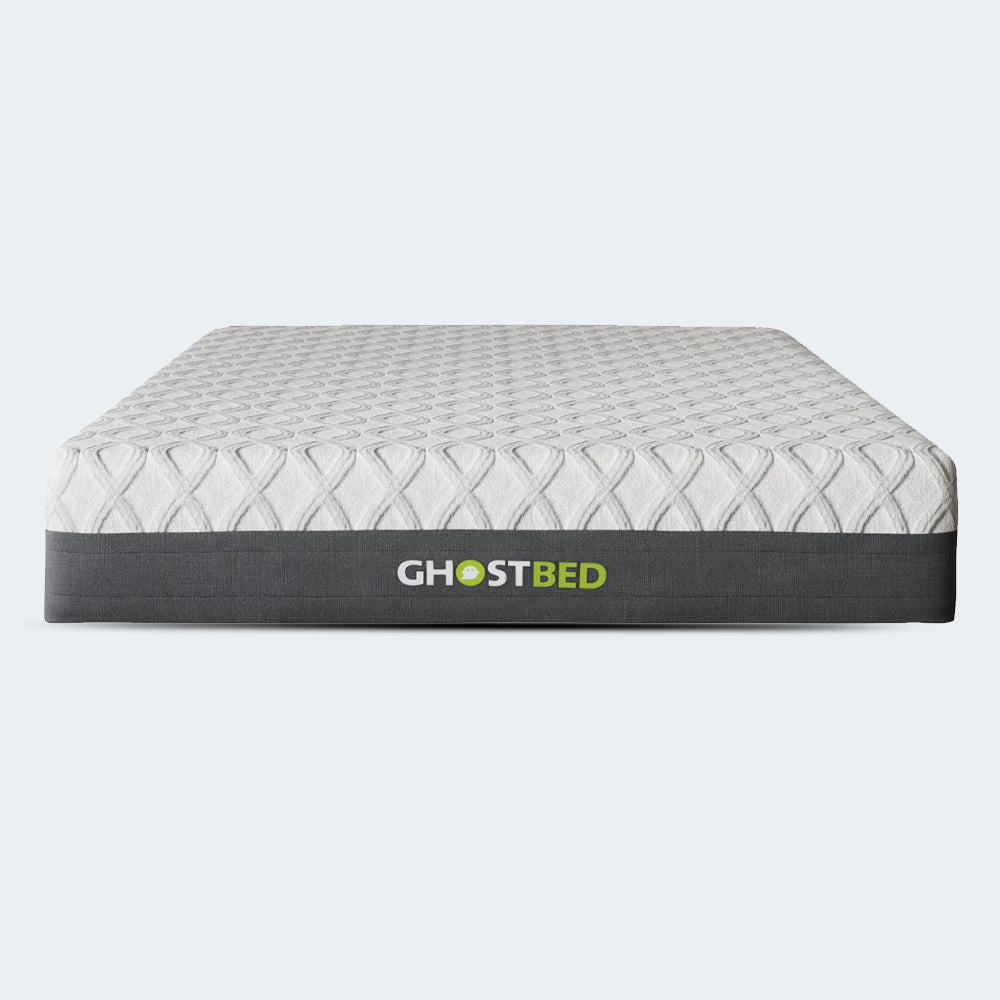 Front-facing profile of the isolated GhostBed 14-inch memory foam mattress with a grey side border and white diamond-patterned quilted top.
