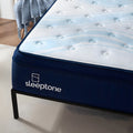 Close-up of the Sleeptone logo and textured blue side panels of the 14-inch hybrid mattress, showcasing high-quality stitching and breathable fabric.
