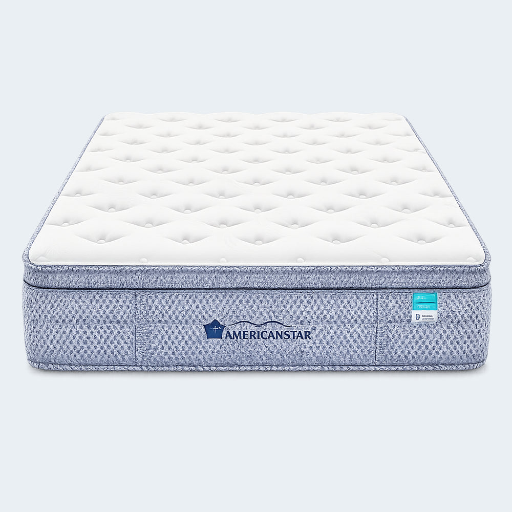 Three-quarter angled profile of the high-profile Americanstar Bluesky 13-inch Ultra Euro Top mattress showcasing its plush comfort layers.
