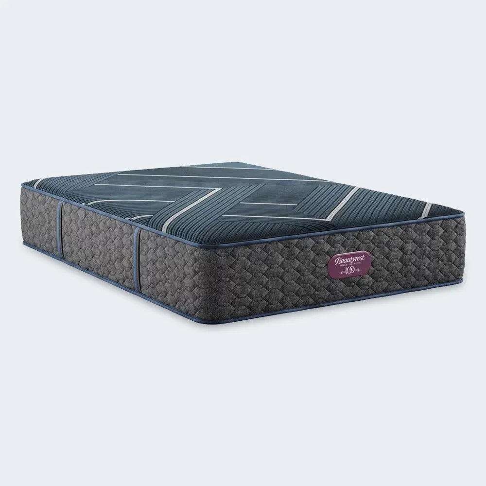 Front product shot of the Beautyrest World Class Level Three Hybrid 13" Plush Mattress with a grey quilted cover.
