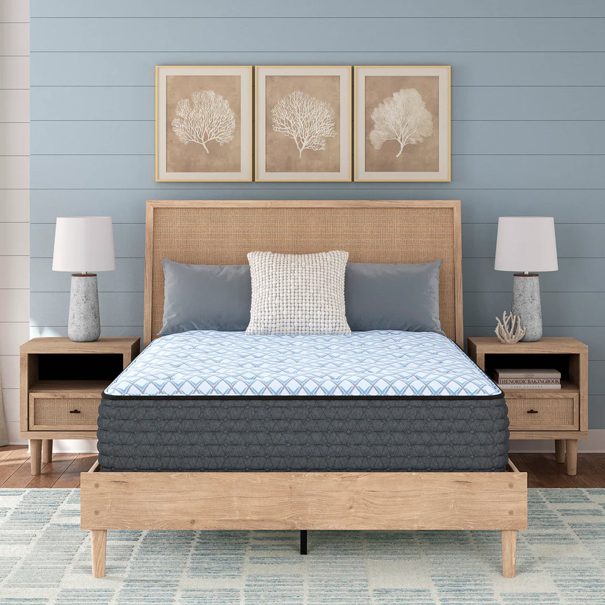 Destin Cove 15 Inch Firm Mattress in a coastal bedroom setting on a wooden bed frame.