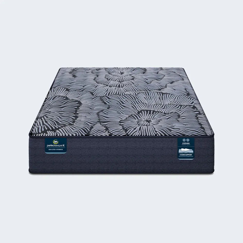 Front view of Serta Perfect Sleeper X Knox Firm mattress featuring cooling and 5-zone support labels.
