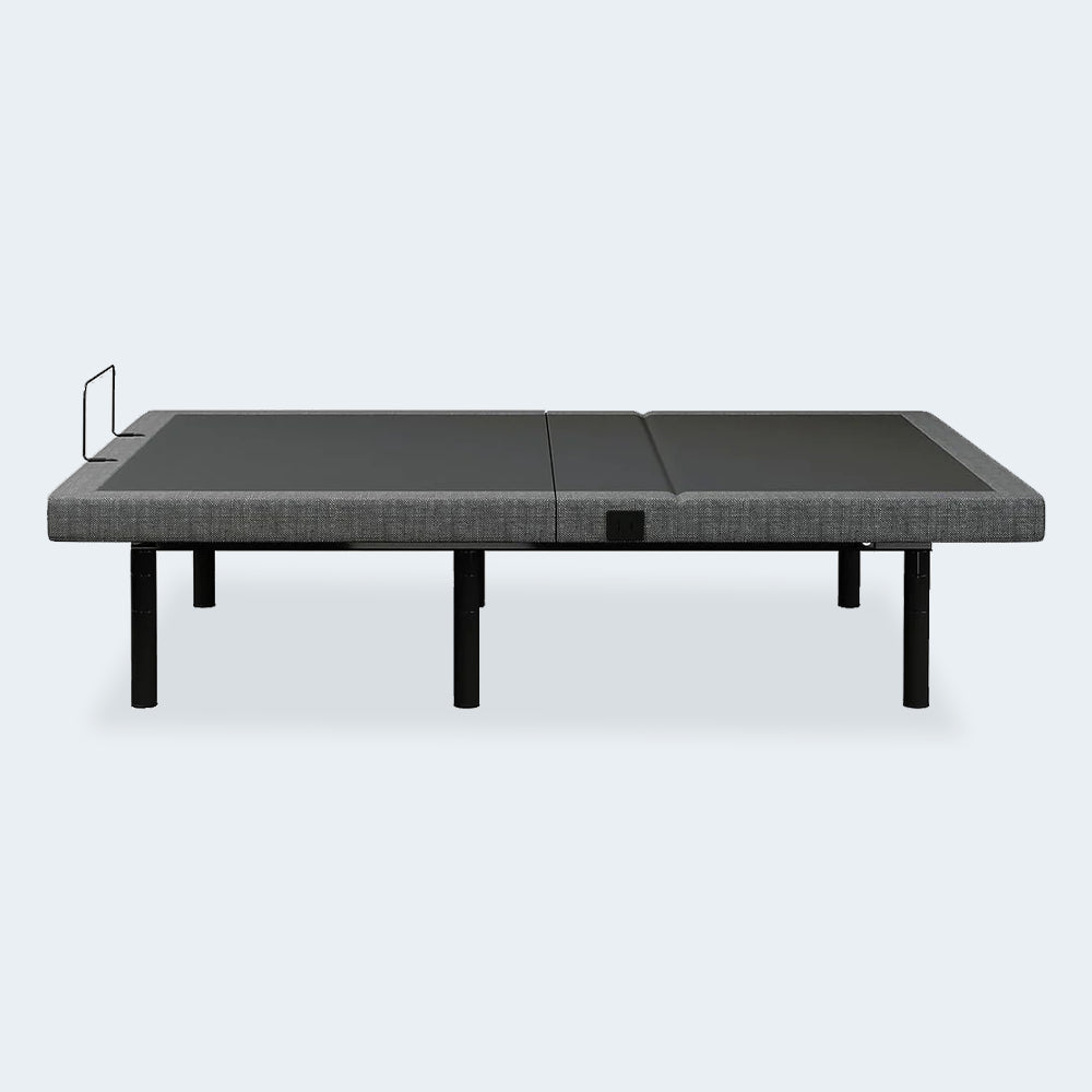 Front-facing view of the iDealBed Smart 5i wireless adjustable base in a neutral flat position showing the heavy-duty steel frame.
