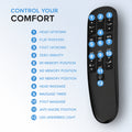 Wireless remote control for SBKDG2 adjustable base featuring 12 smart functions including zero gravity, anti-snore preset, and massage timer.
